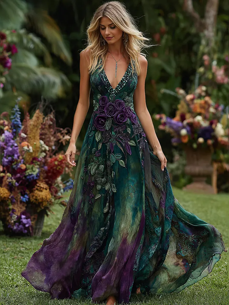 Women's Vintage Purple Floral Art Linen Sleeveless Dress