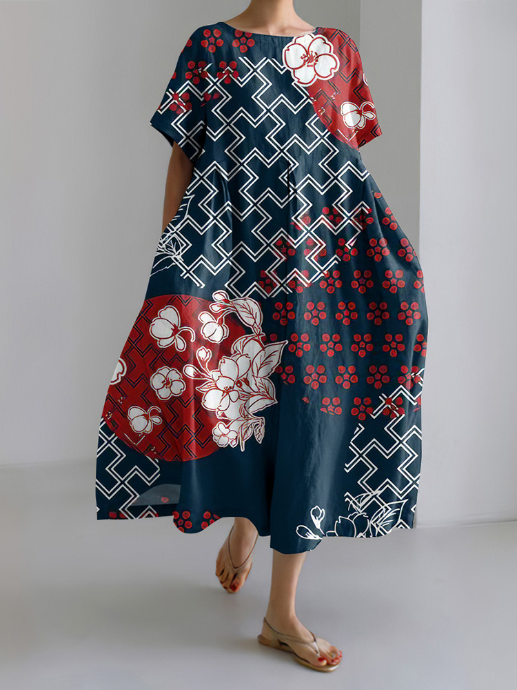 Vintage Japanese Flower Art Print Short Sleeve Midi Dress