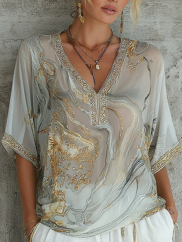 Vintage Marble Texture Collection Bohemia Women Style Gradient Gilded Pattern V Neck T-shirt