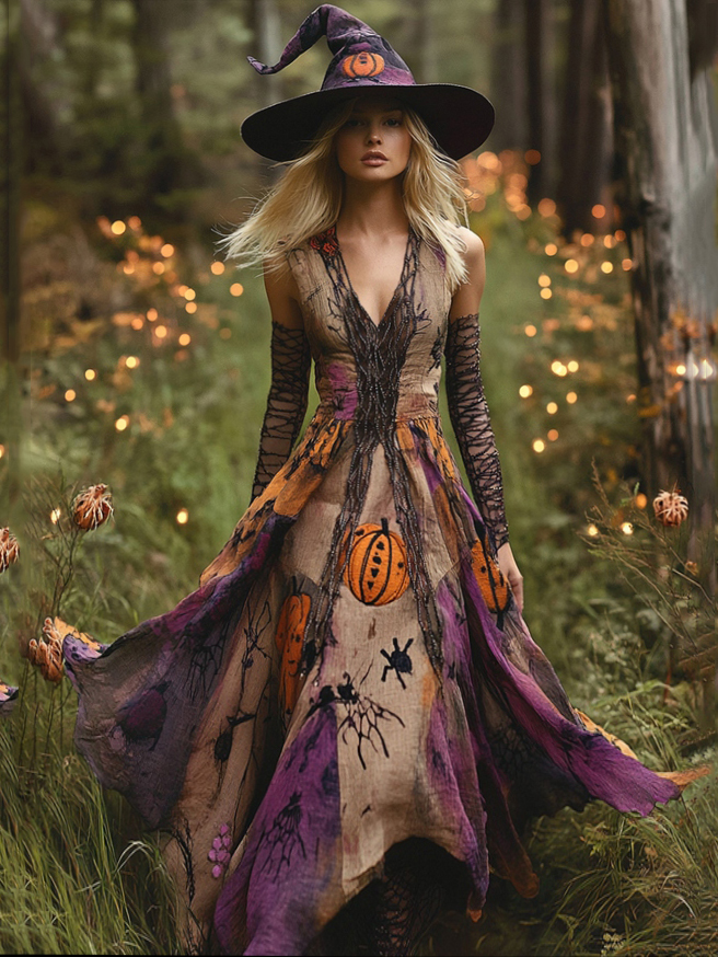 Bohemian style Tie-dye Ombre Pumpkin Spider Embroidered Beaded Witch Maxi Evening Dress