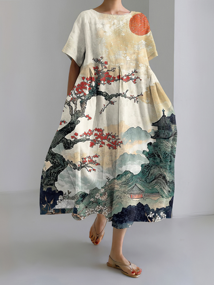 Japanese Art Ink Wash Floral Painting Print Midi Dress