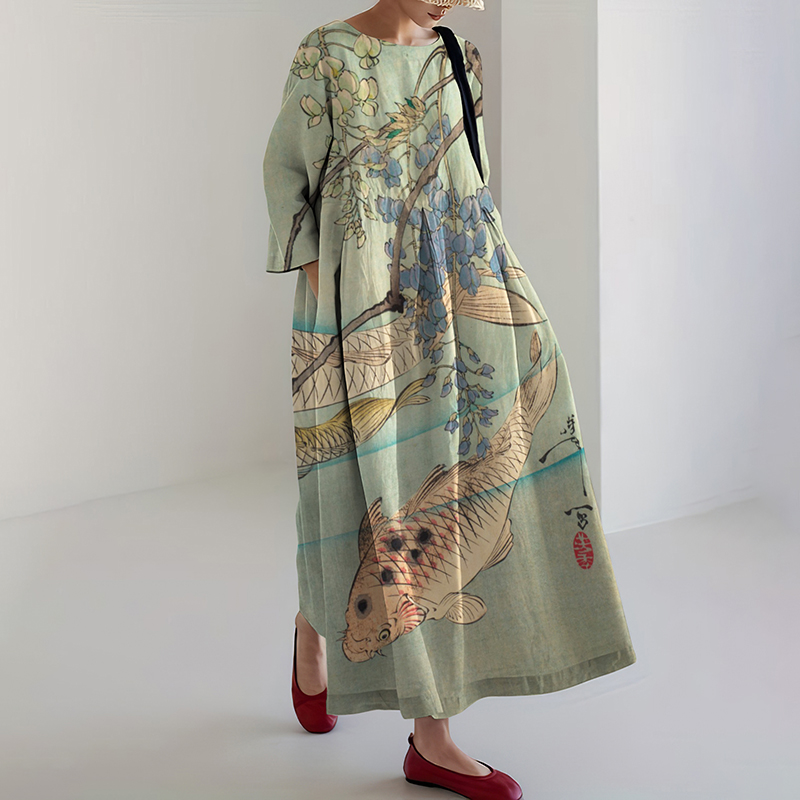 Retro Japanese Flower & Fish Art Print Midi Dress