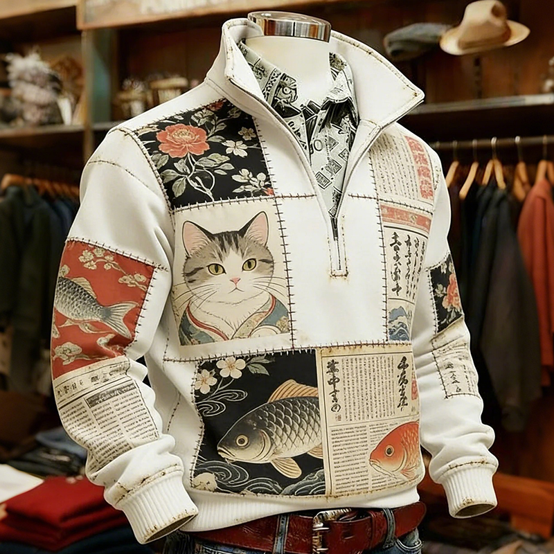 Men's Japanese Cat Print Zip-up Sweatshirt