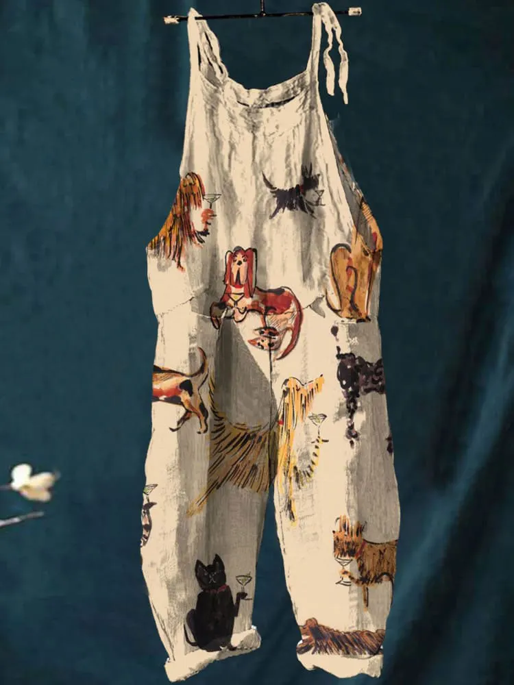 Vintage Lovely Dogs Art Print Casual Wide-Leg Jumpsuit
