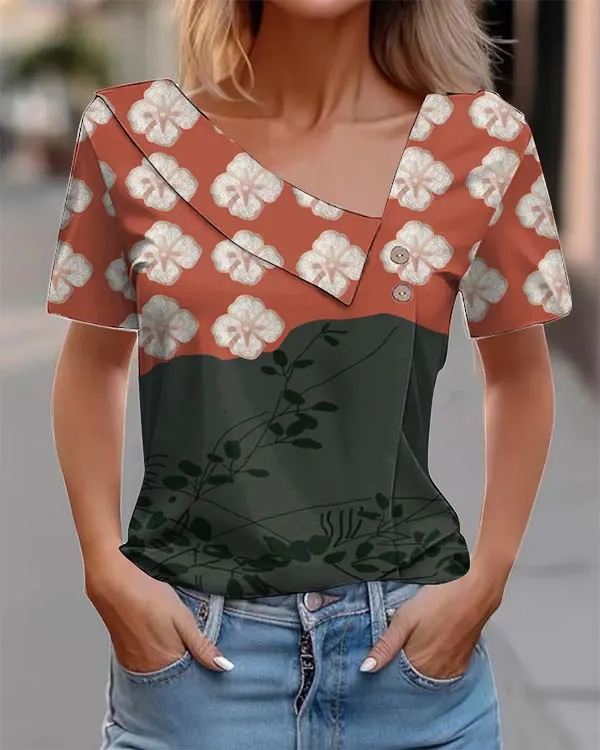 Japanese Floral Print Cotton Blend Short-sleeved Button-down Top