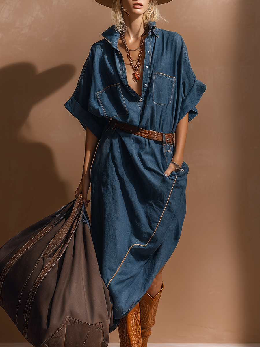 Stylish Western-style Asymmetrical Hem Short Sleeves Denim Midi Dress