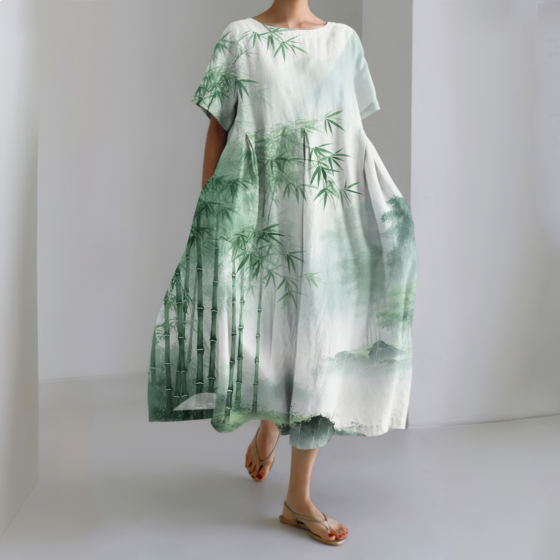 Japanese Art Bamboo Painting Print Midi Dress