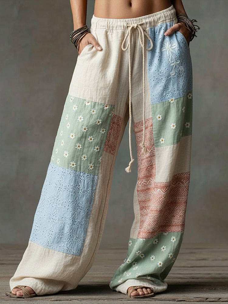 Bohemian Style Floral Geometric Art Casual Linen Pants