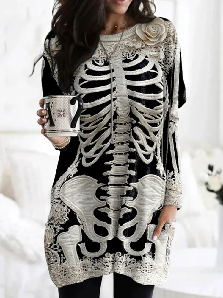 Women's Halloween Skeleton Bones With Rose Art Cozy Knit Turtleneck Mini Sweater Dress