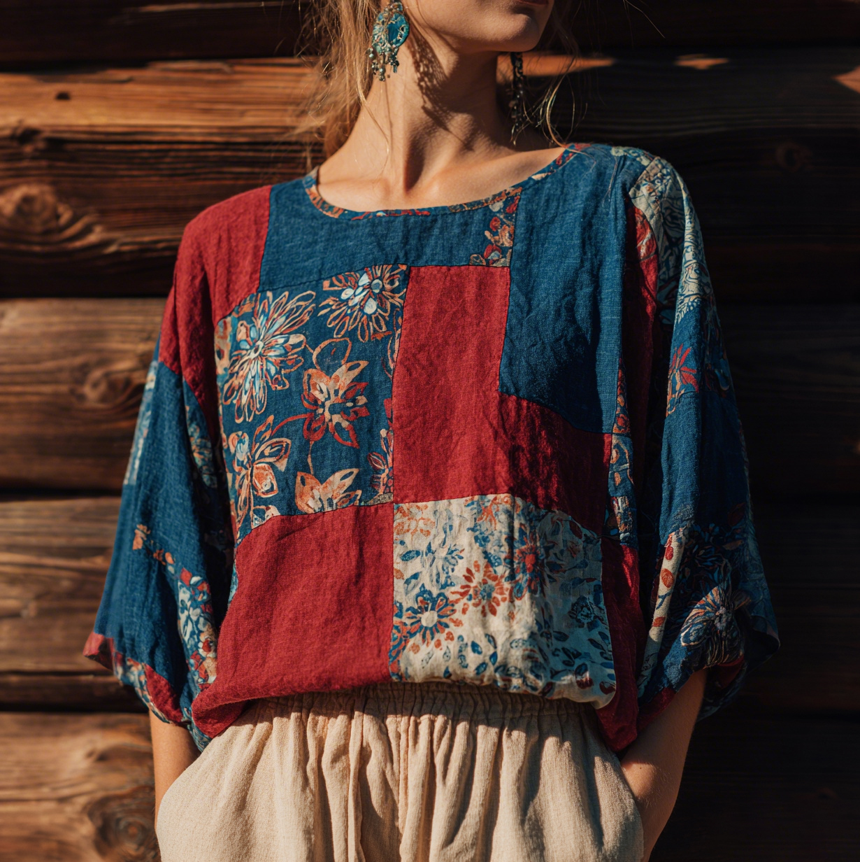 Vintage Japanese Floral Patchwork Art Pattern Linen Blend Casual Tops