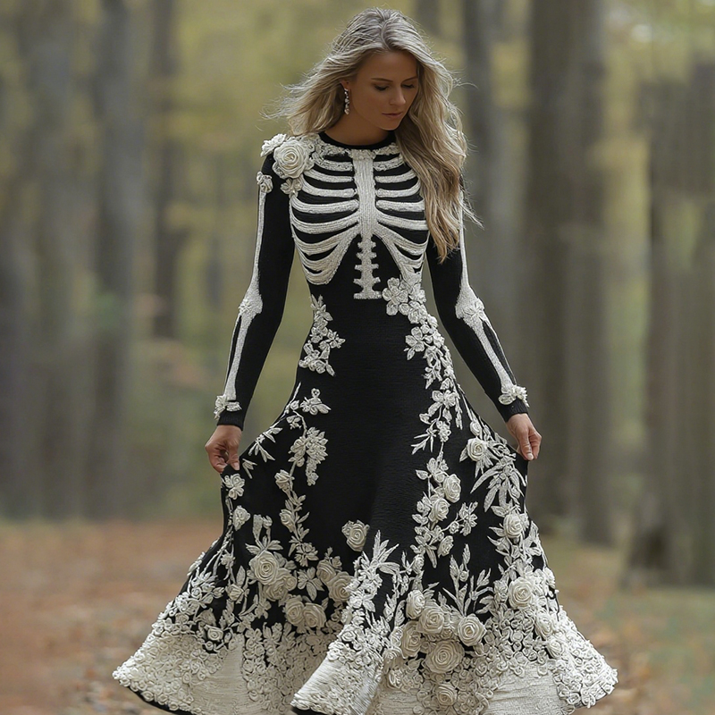 Women's Retro Halloween Skeleton Bones With Rose Art Cozy Knitted Warm Long Sleeve Maxi Dress