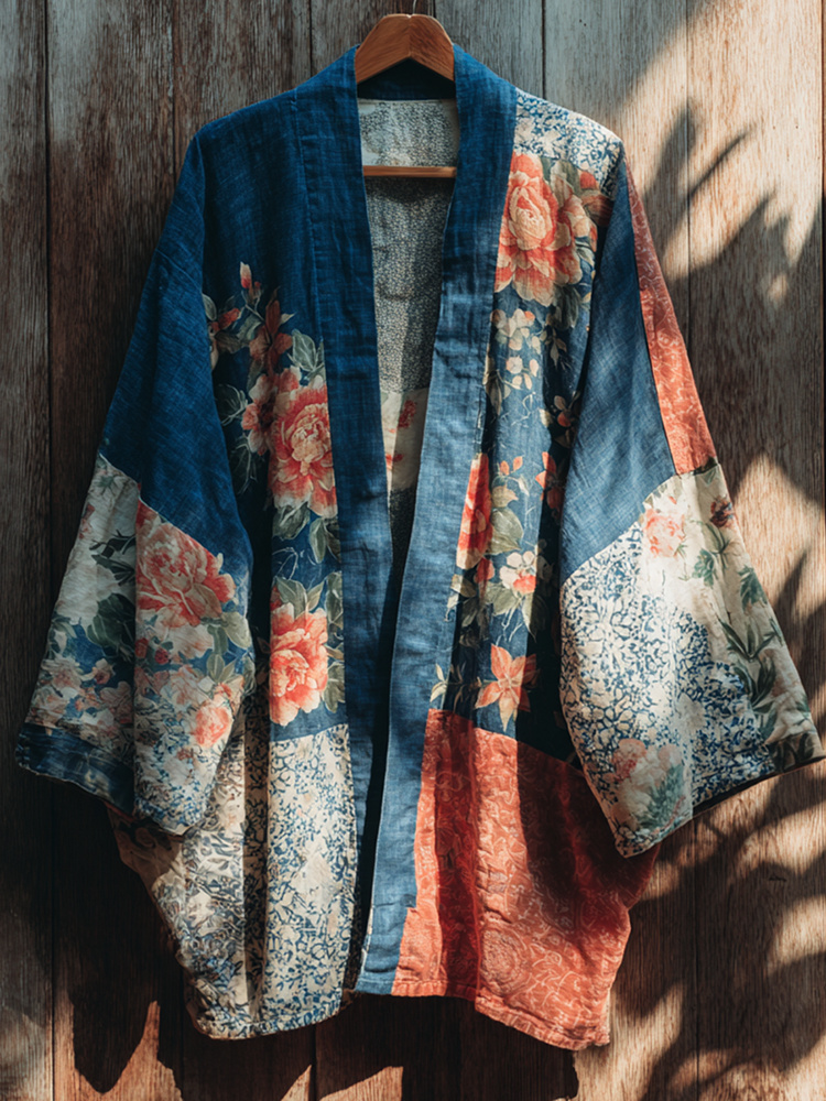 Retro Japanese Traditional Sashiko With Floral Art Print Cotton & Linen Blend Kimono Cardigan