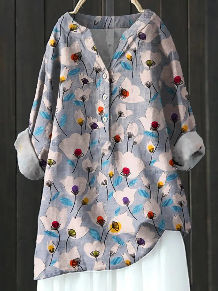 Floral Art Print Casual Cotton & Linen Shirt