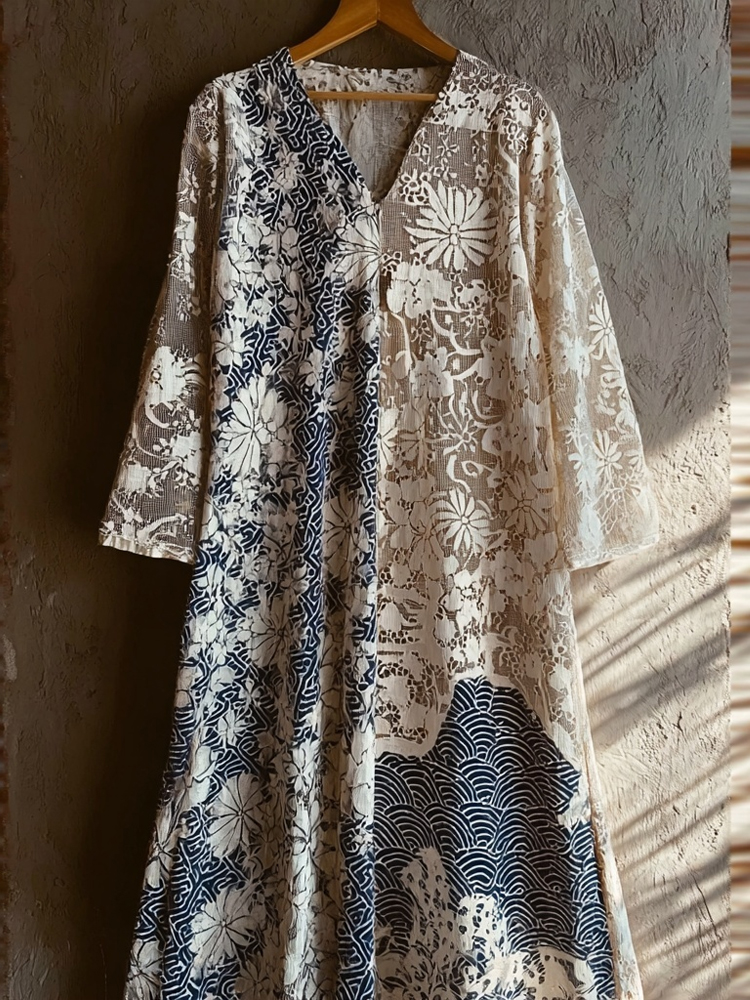 Japanese Waves Patchwork Hollow Lace Flowy Maxi Dress