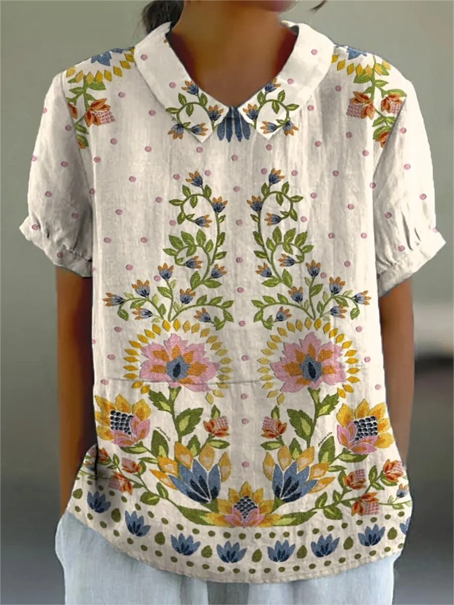 Tropical Floral Symmetrical Pattern Printed Women's Casual Cotton & Linen Shirt