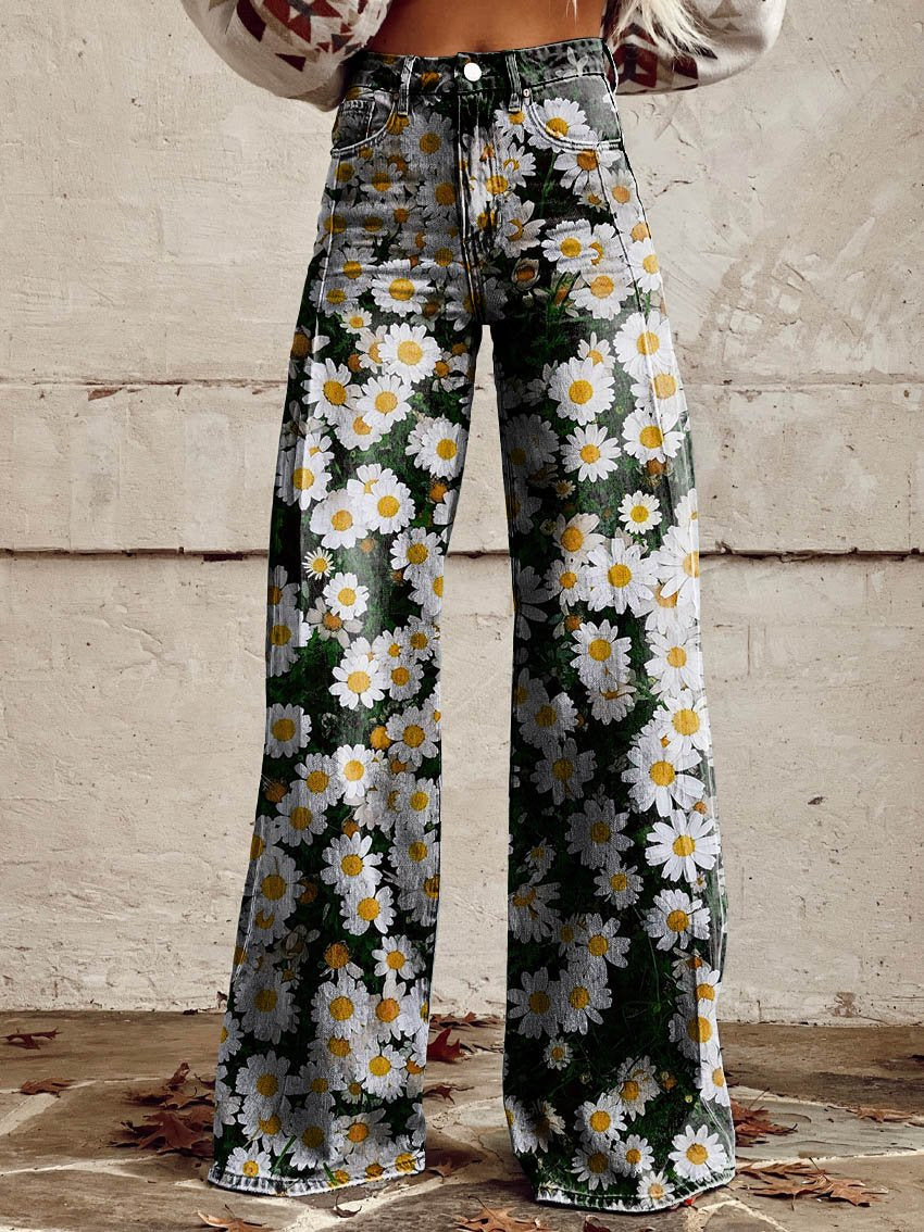 Daisy Print Casual Wide-Leg Pants