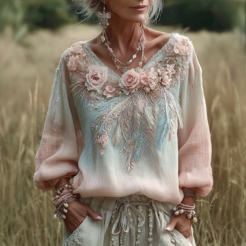 Feather Floral Embroidery Linen V-neck T-shirt