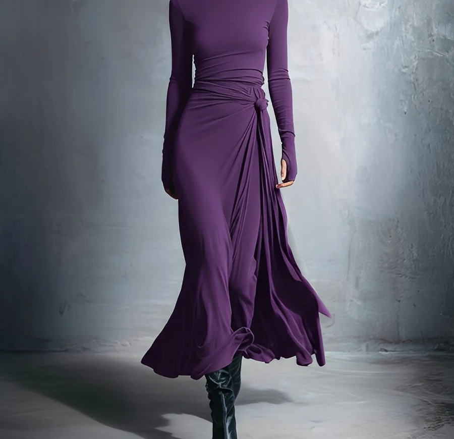 Women's Gray Exquisite Stretch Blended Fabric Wrap Dress - Knotted Maxi Dress