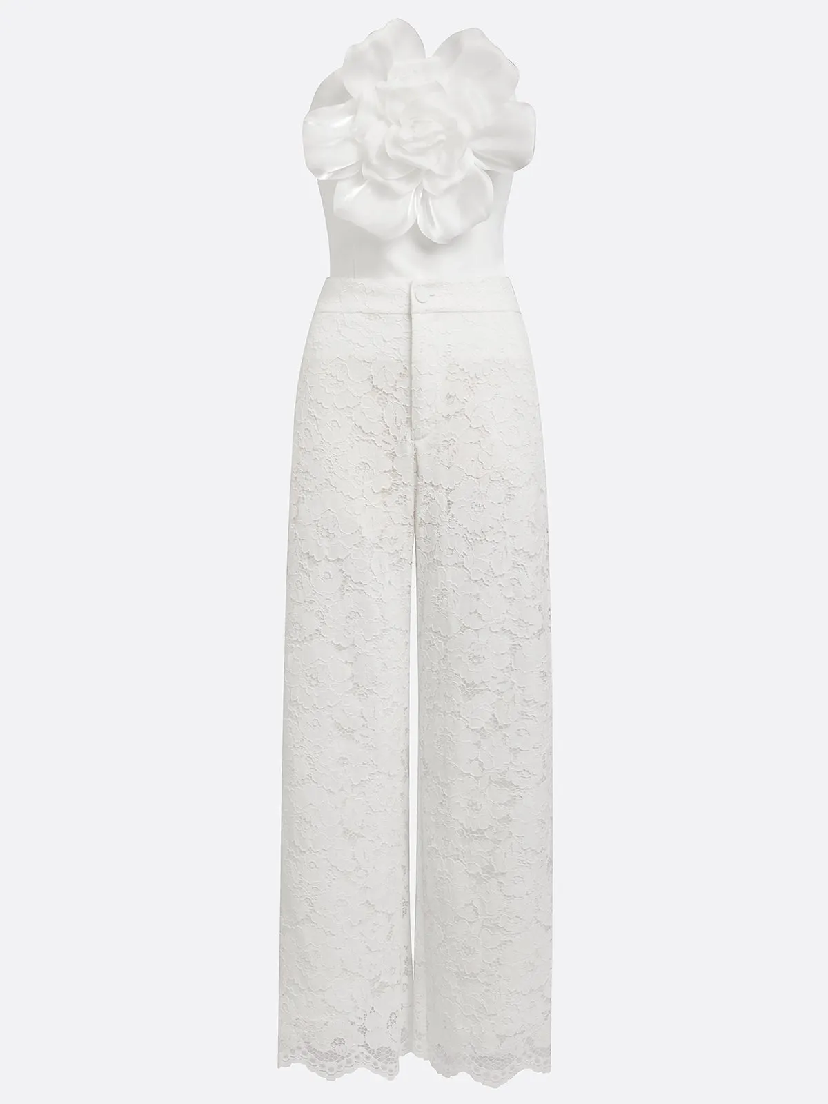 White 3D Floral Lace Strapless Sleeveless Elegant Top With Pants Two-Piece Set
