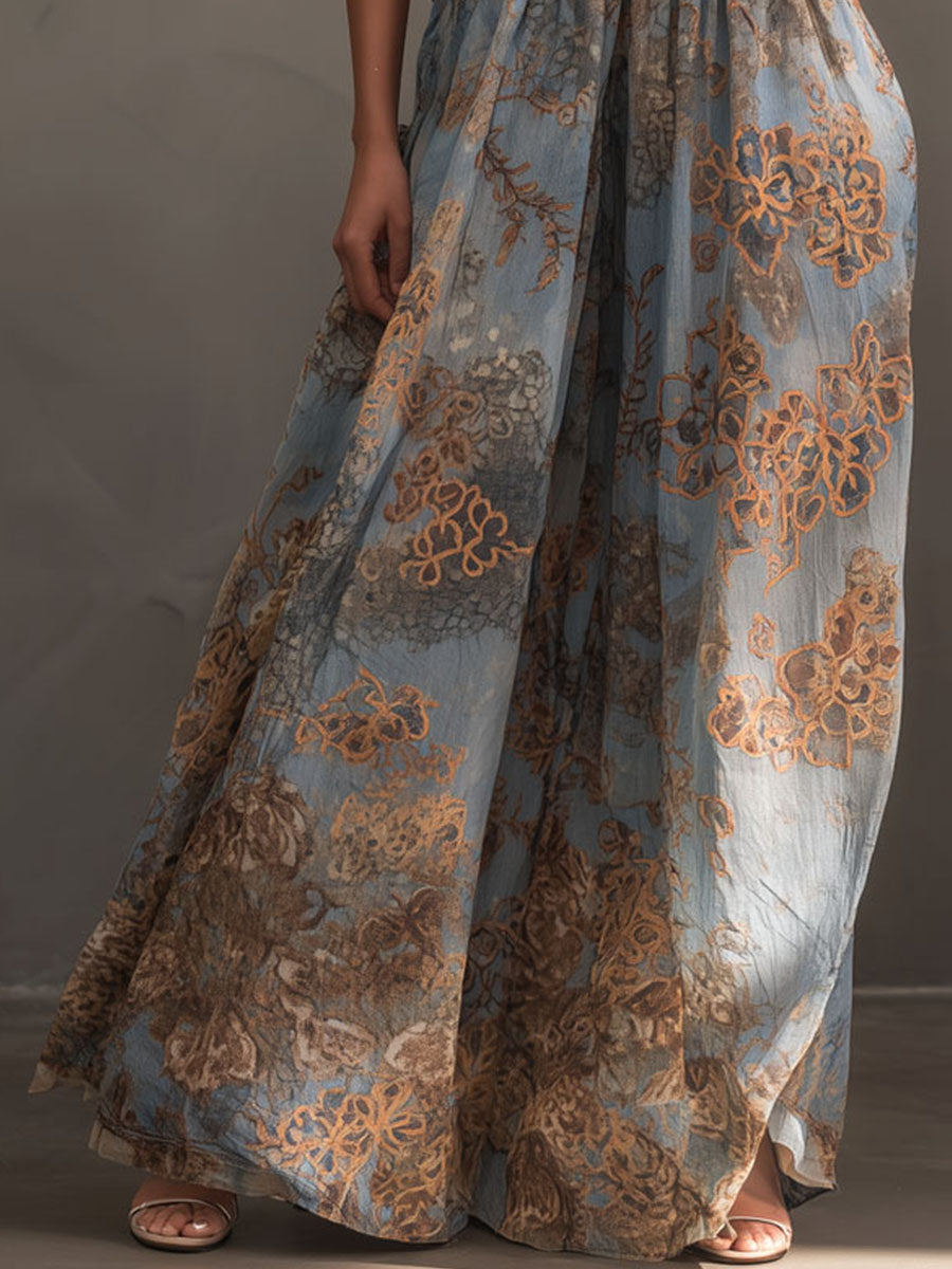 Deep V-Neck Dusty Blue And Bronze Halter Chiffon Maxi Dress