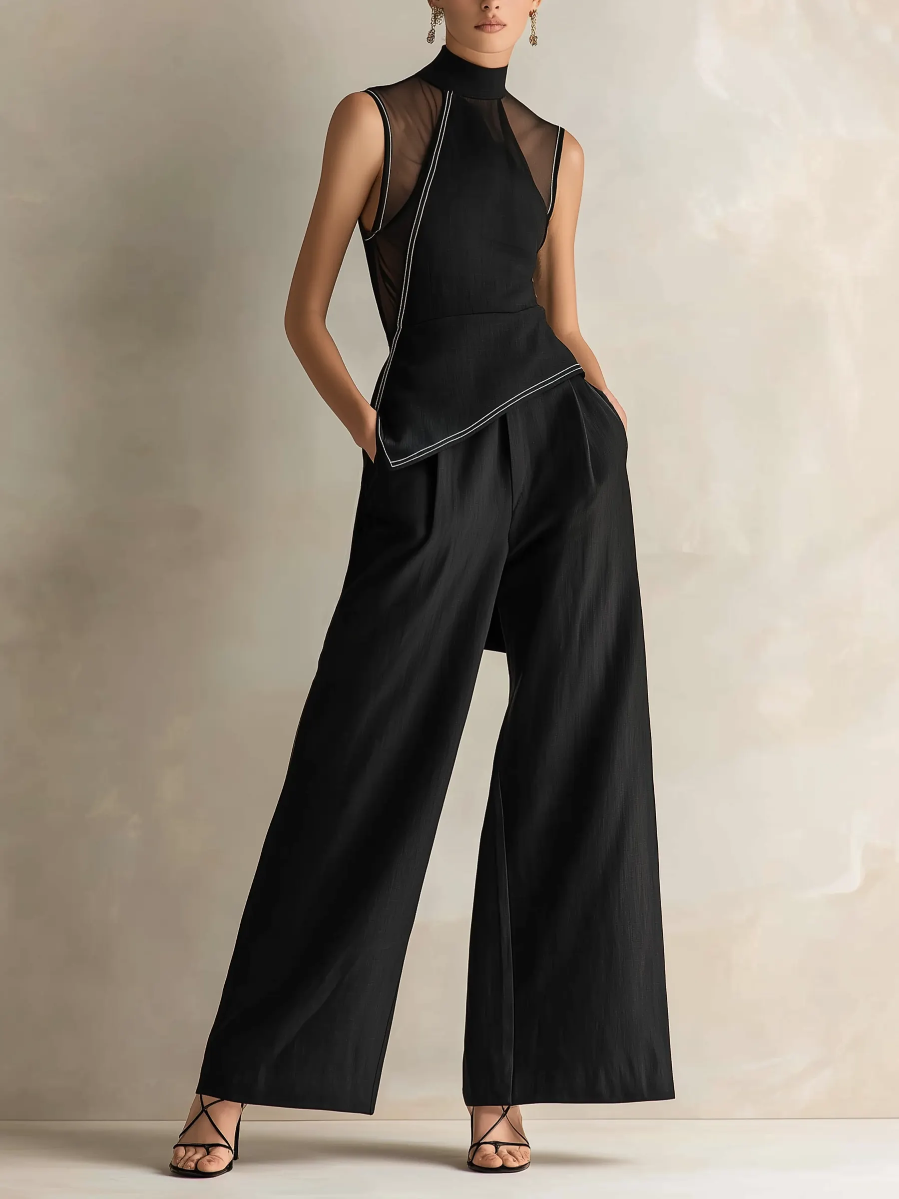 Sheer Mock Neck Top & Tailored Wide-Leg Pants Set