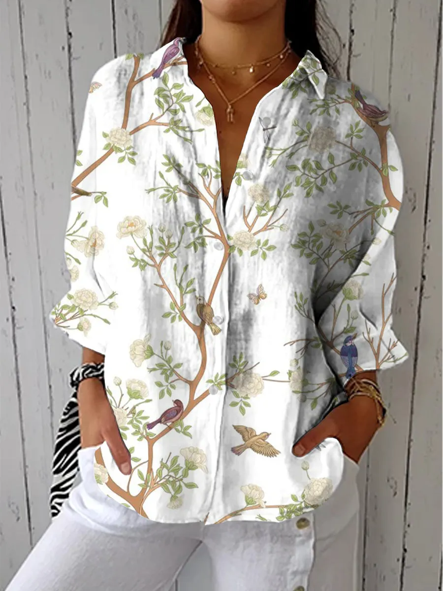 Vintage Art Ethnic Birds & Flowers Print Casual Linen V-neck Shirt