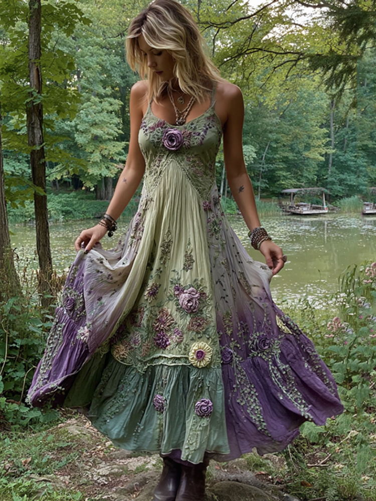 Vintage Classy Gradient Purple Lavender And Floral Embroidered Suspender Long Dress