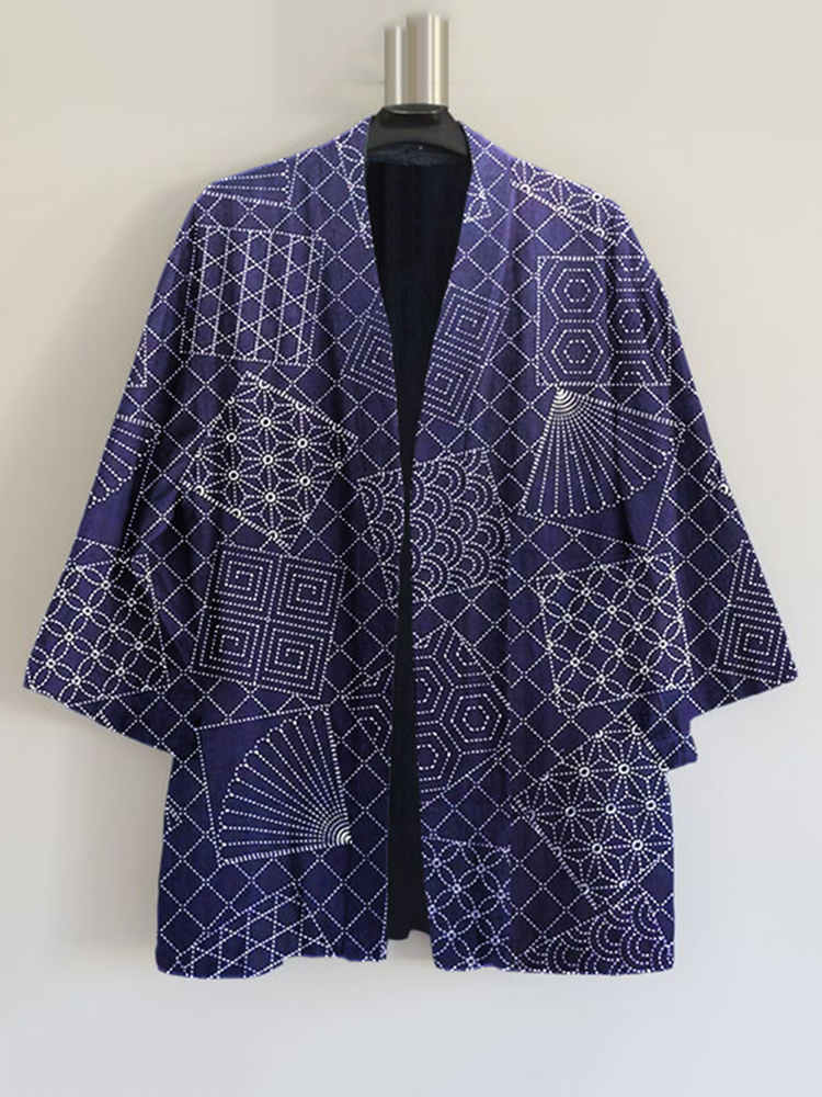 Japanese Traditional Sashiko Floral And Fan-Shaped Patchwork Art Print Blend Kimono Cardigan