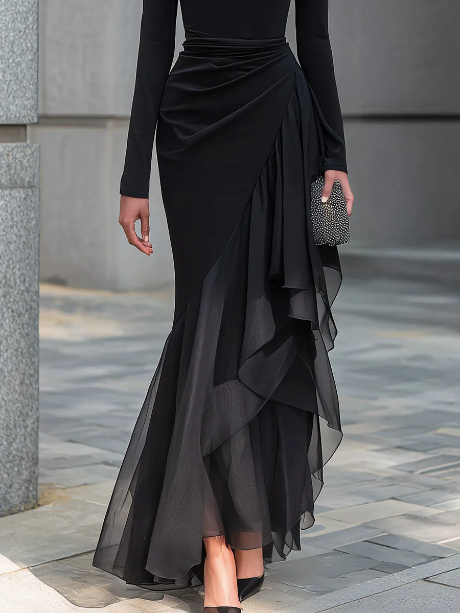 Black Draped Cowl Neck Layered Organza Panel Maxi Dress