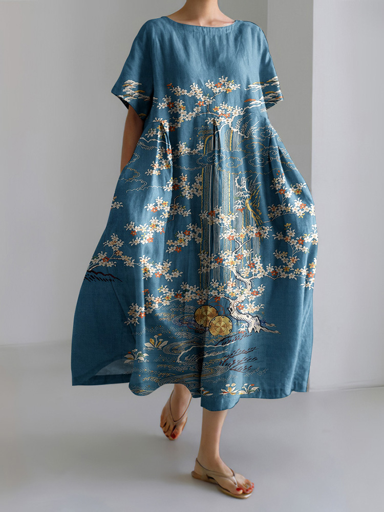 Vintage Japanese Flower Art Short Sleeve Midi Dress