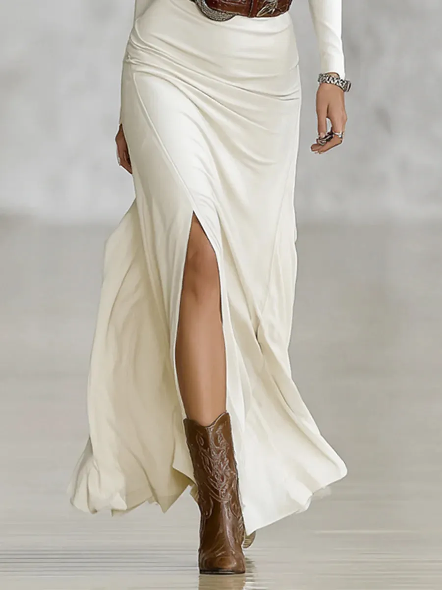 Lapel Long Sleeve Waist-tightening Maxi Dress (without Belt)