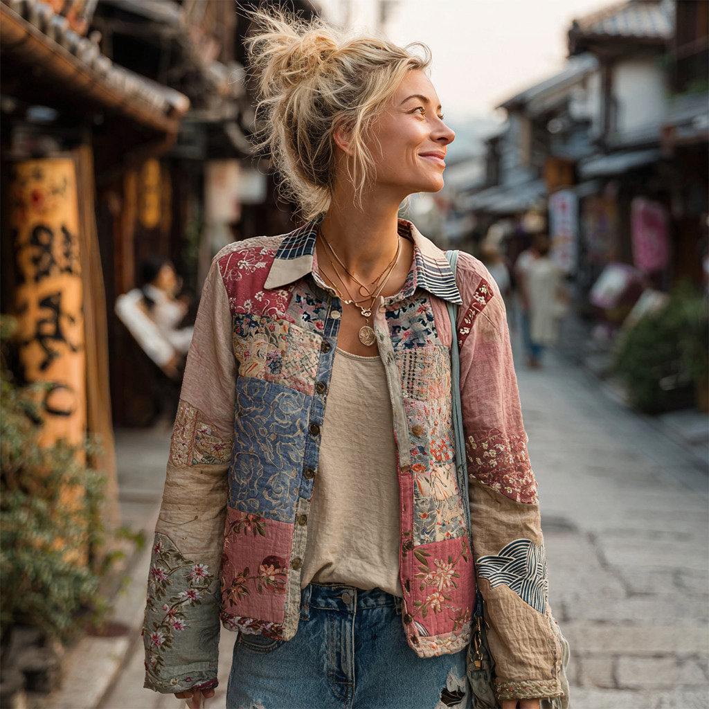 Vintage Japanese Floral Wave Patchwork Linen Button-up Shirt