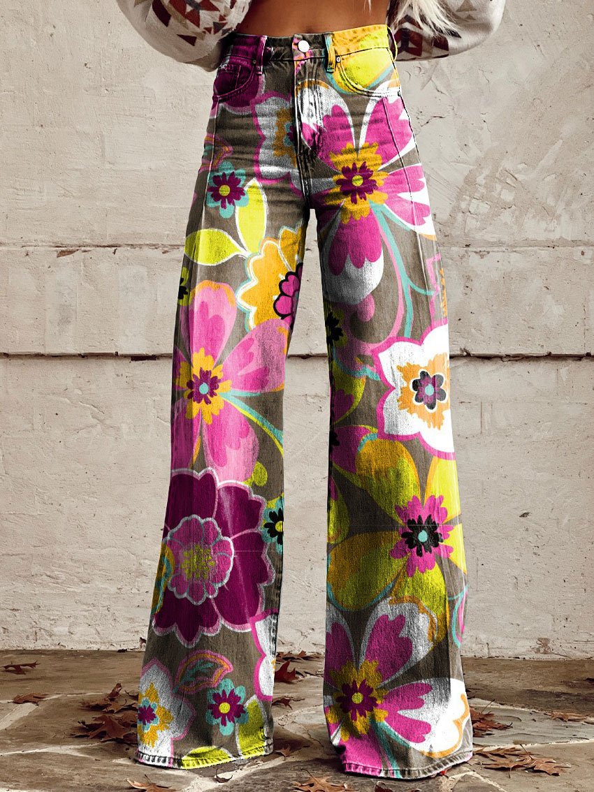 Vintage Print Casual Wide-Leg Pants