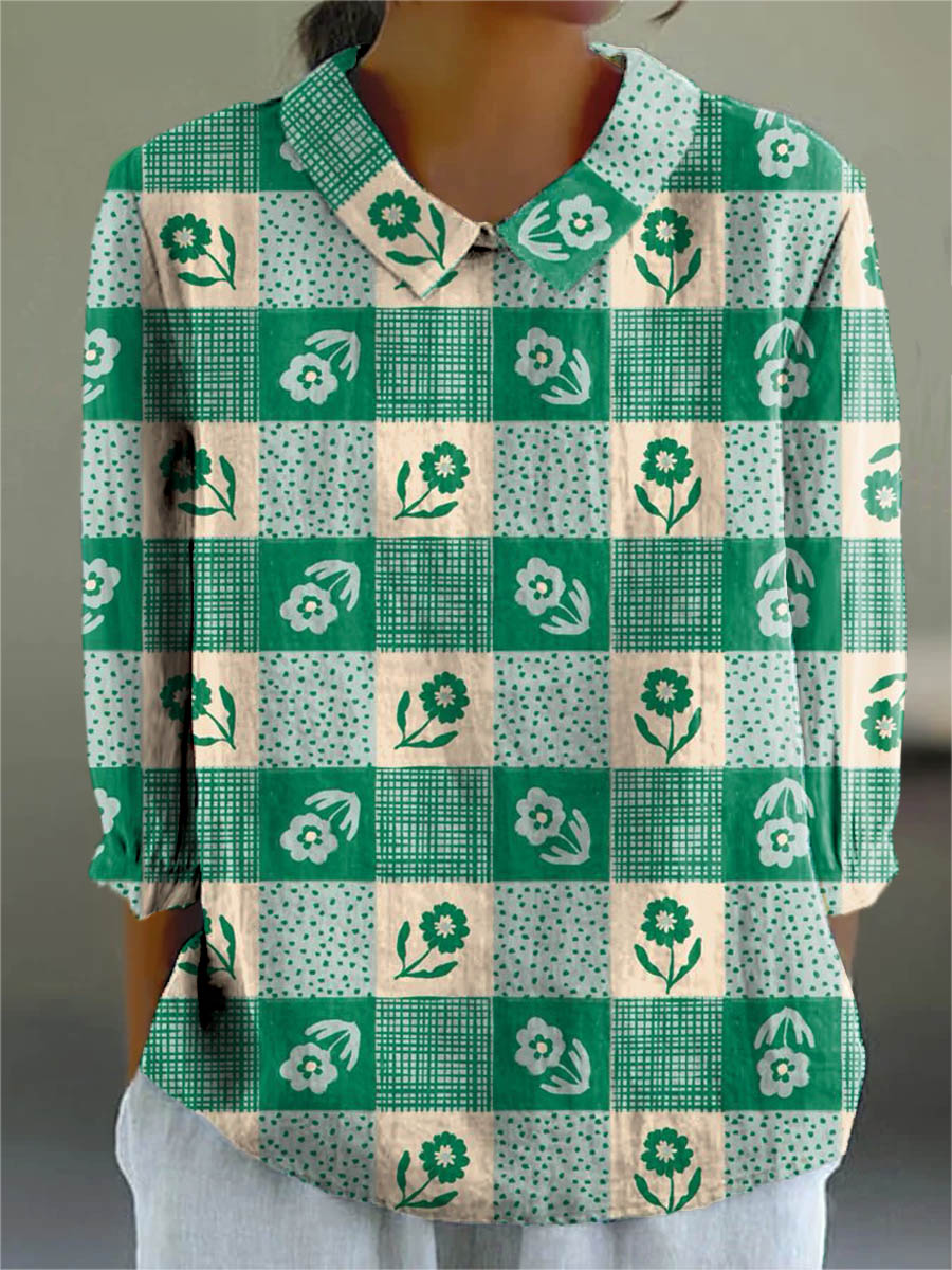 Lovely Flowers Plaid Art Print Casual Cotton & Linen 3/4 Sleeve Shirt