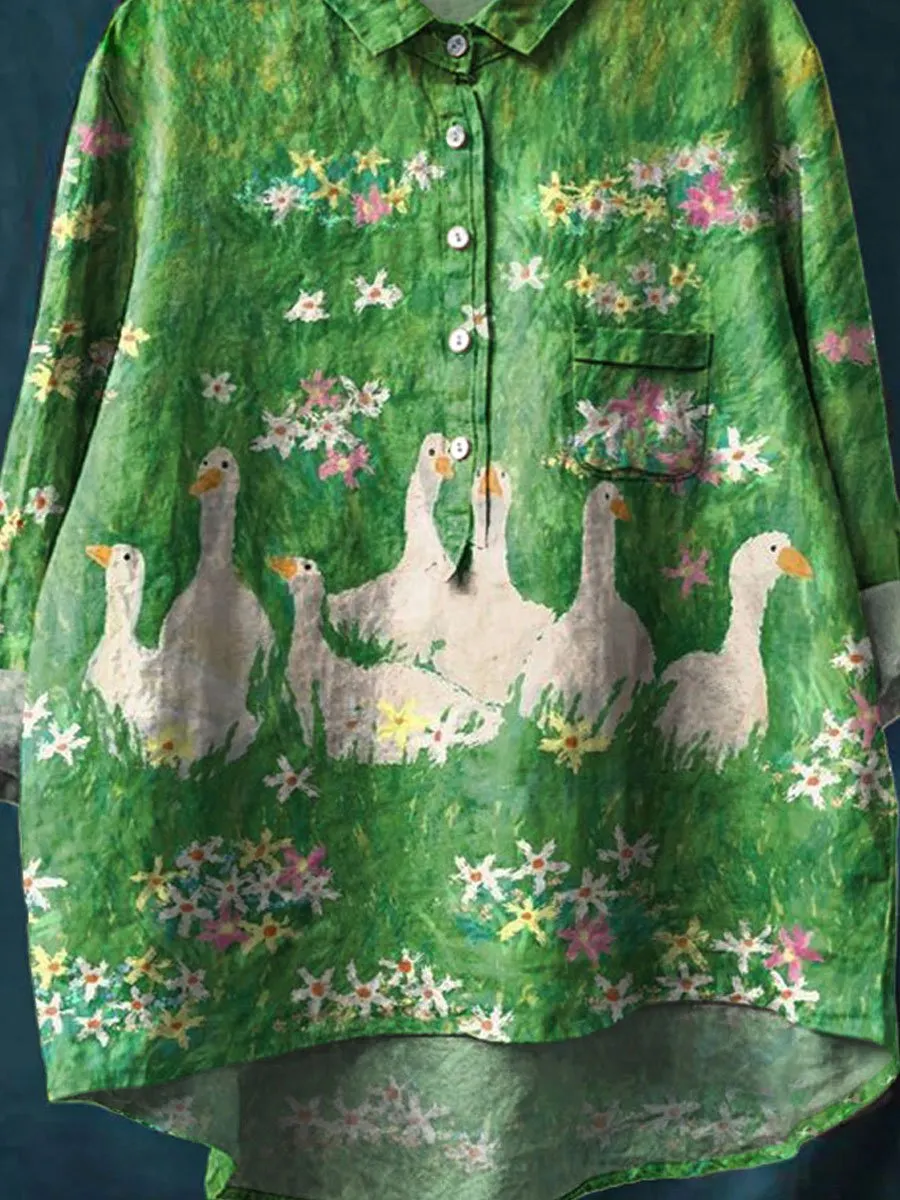 Lovely Goose Floral Art Print Casual Cotton & Linen Shirt