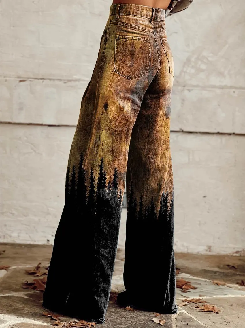 Forest Silhouette Print Casual Wide-Leg Pants