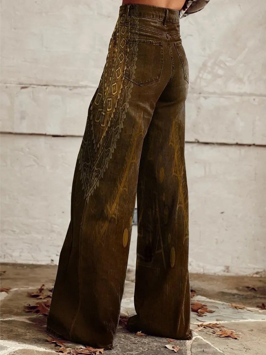 Retro Pattern Print Casual Wide-Leg Pants
