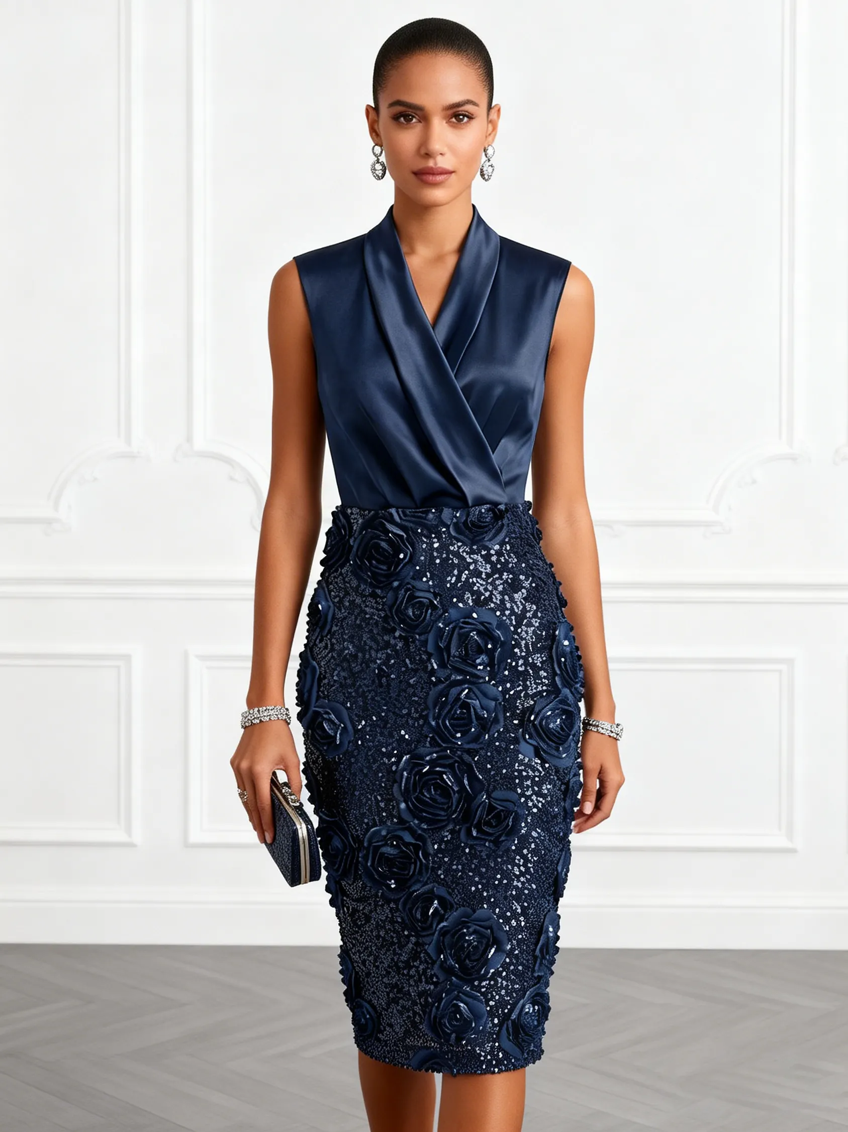 Purplish Blue 3D Floral Glitter Classic V-Neck Sleeveless Sheath Midi Dress