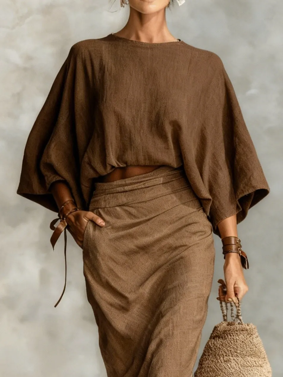 Round neck batwing sleeve top & long skirt set