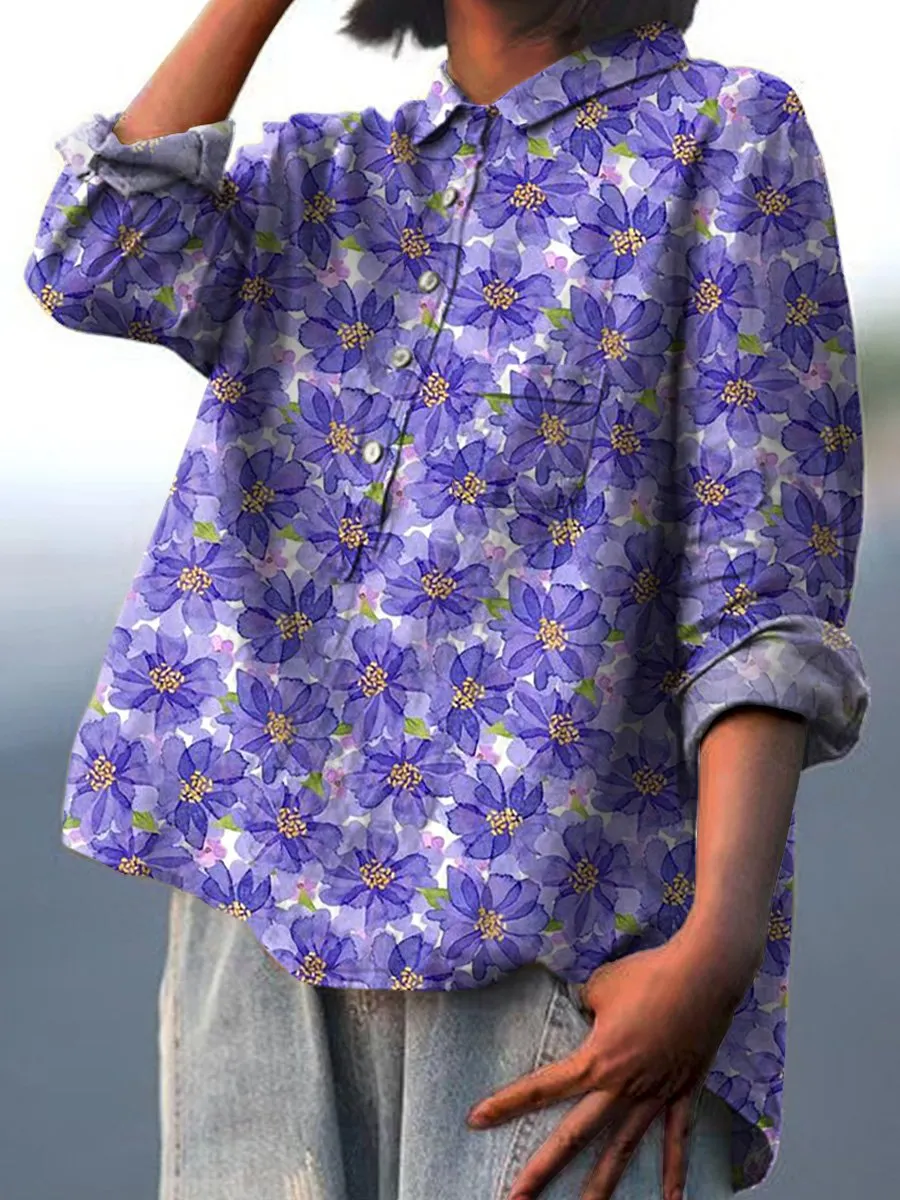 Watercolor Purple Floral Pattern Printed Women's Casual Cotton & Linen Shirt