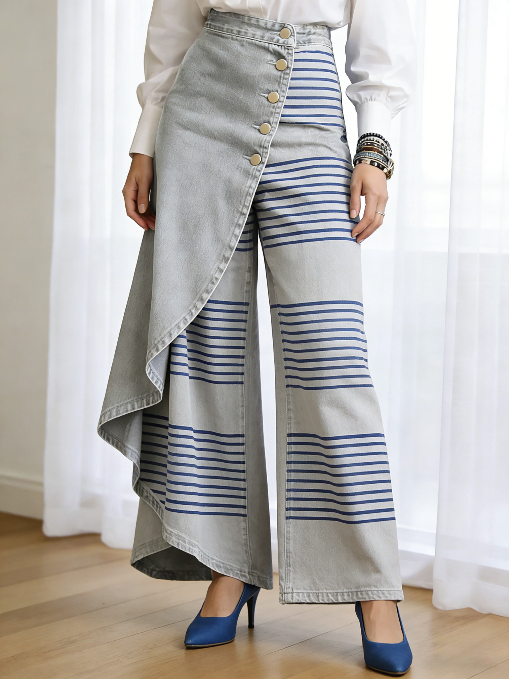 Art Print Casual Washed Denim Cotton Pants