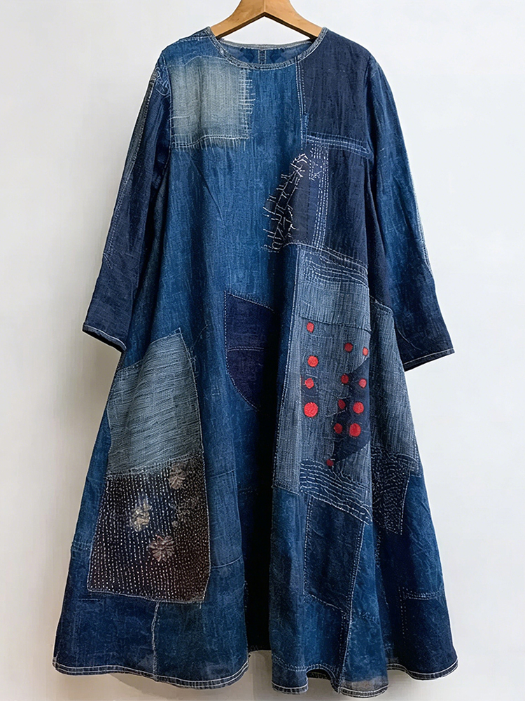 Vintage Japanese Sashiko Patchwork Linen Maxi Dress