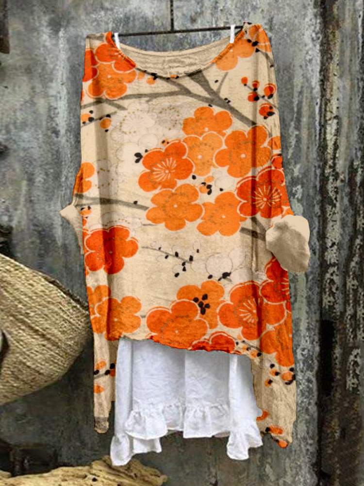 Vintage Japanese Plum Blossom Flowy Linen Tunic