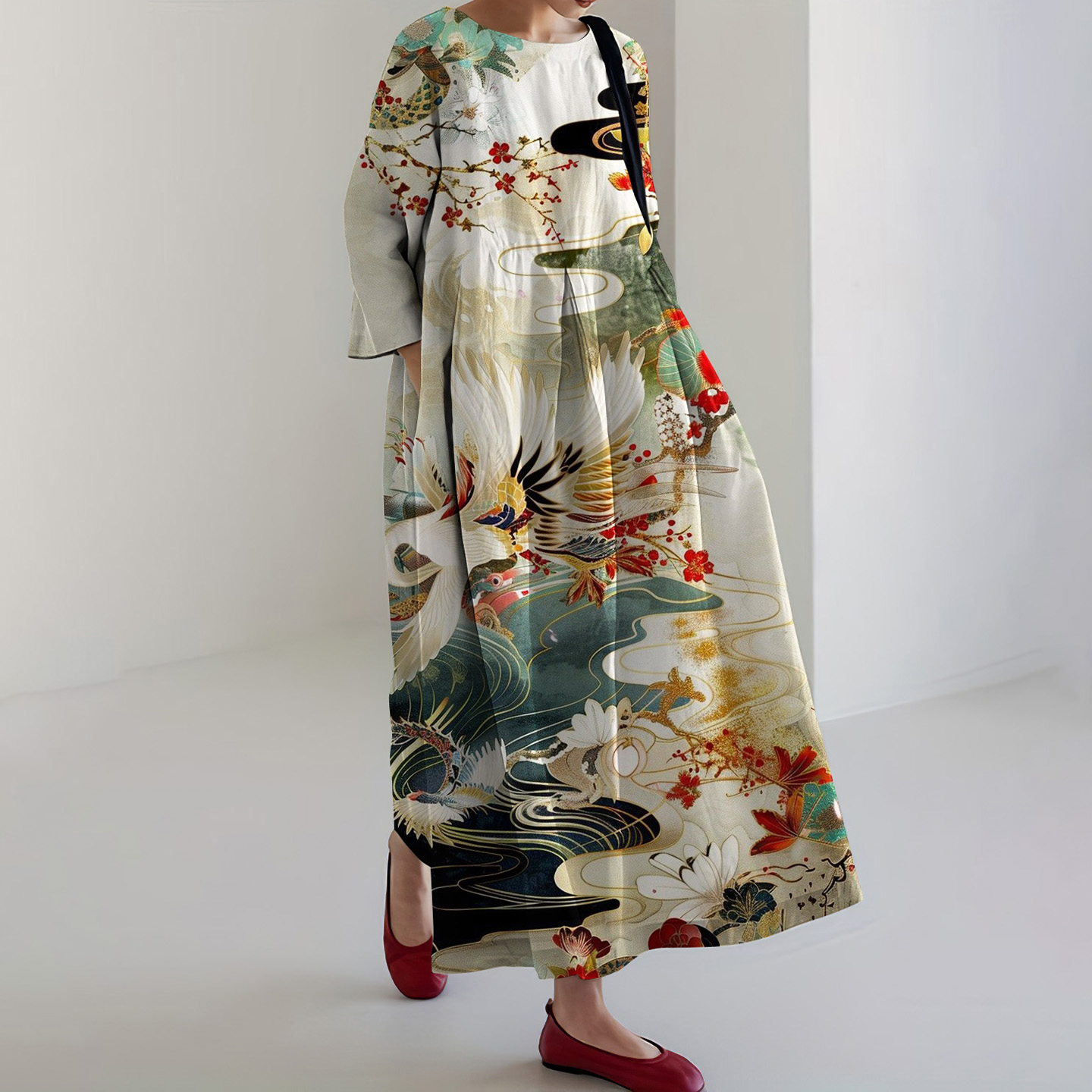 Japanese Flora Art Print Midi Dress