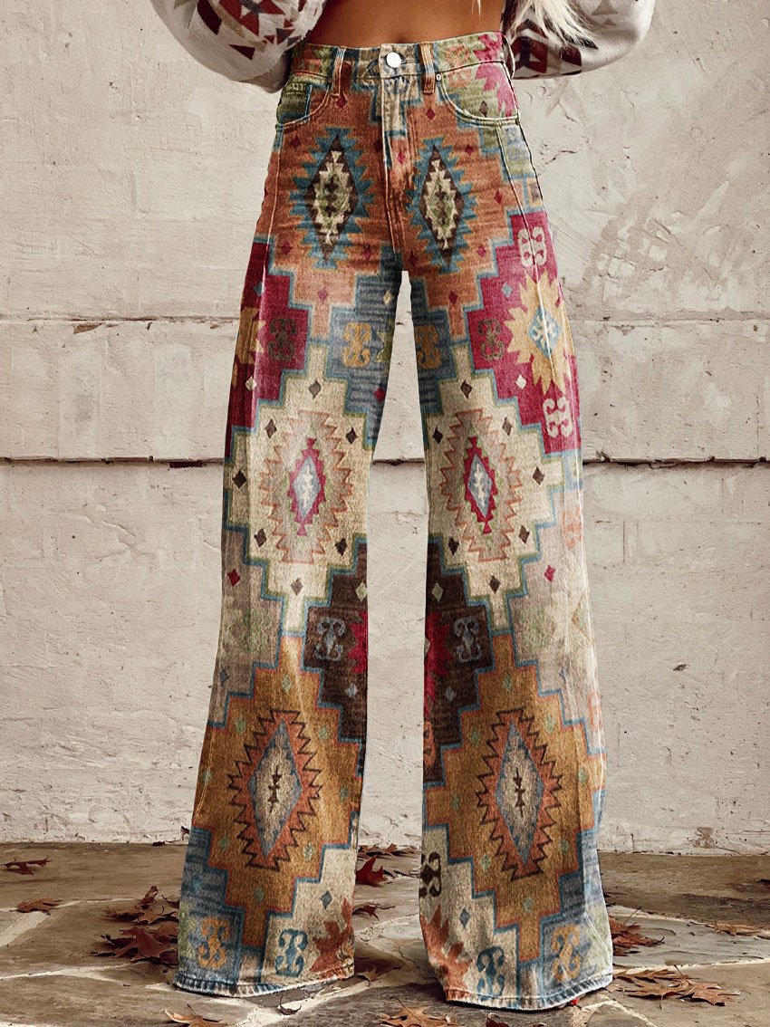 Vintage Geometric Pattern Print Casual Wide-Leg Pants