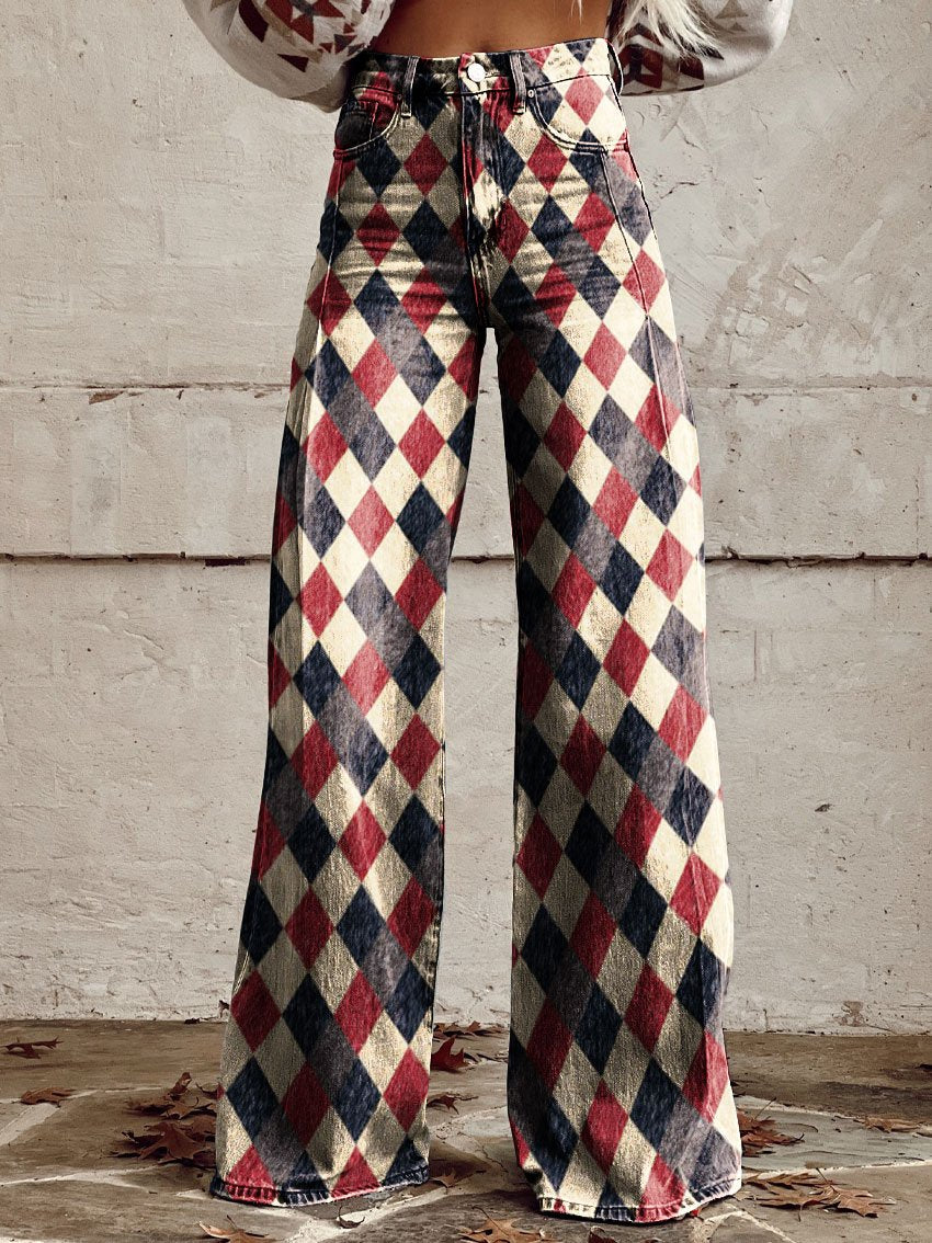 Vintage Geometric Pattern Print Casual Wide-Leg Pants