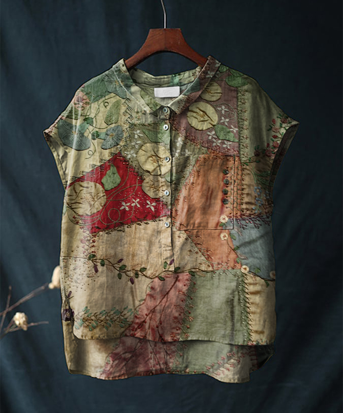 Vintage Floral Print Short-sleeved Cotton & Linen Shirt