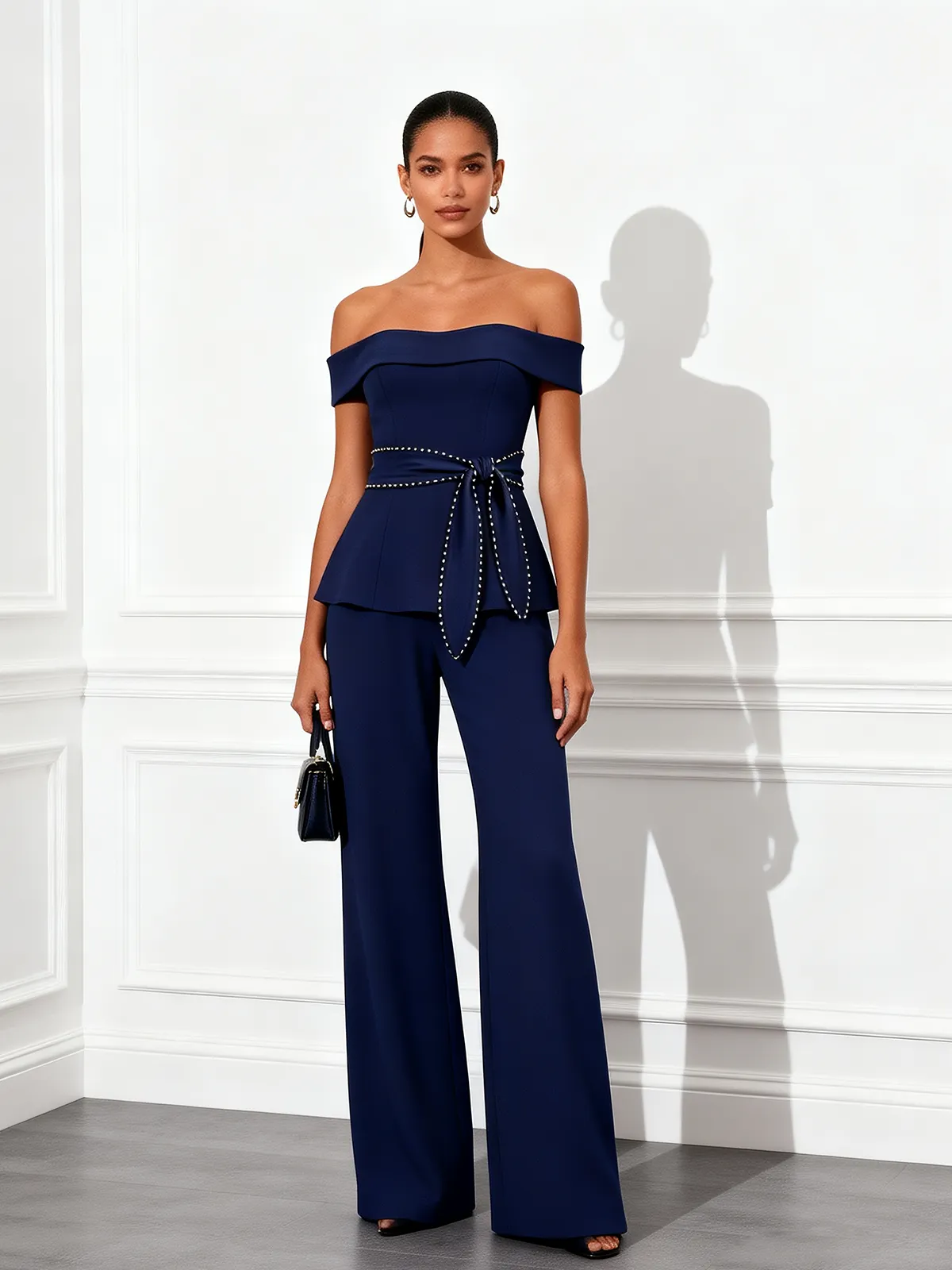 Navy Blue Rhinestone Off The Shoulder Sleeveless Elegant Jumpsuit