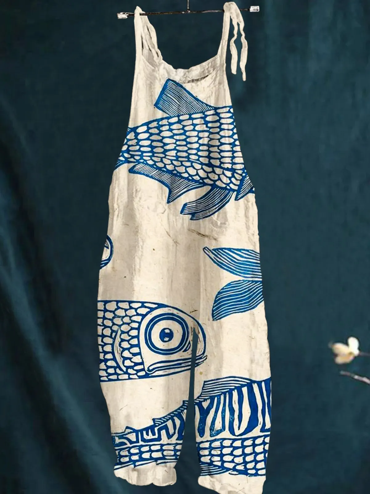 Simple Blue Bigeye Print Casual Wide-Leg Jumpsuit