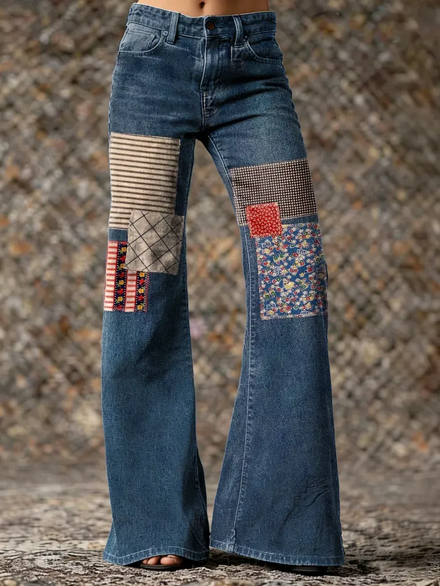 Patchwork Floral Art Print Casual Washed Cotton Denim Pants